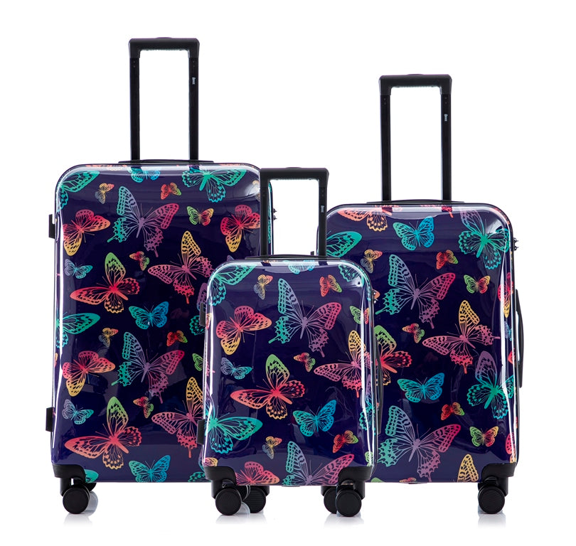 Multi-color Design ABS Hard Shell Lightweight with 360° Dual Spinning Wheels & Combo Lock – Includes 28", 24", 20" 3-Piece Luggage Set - Butterfly