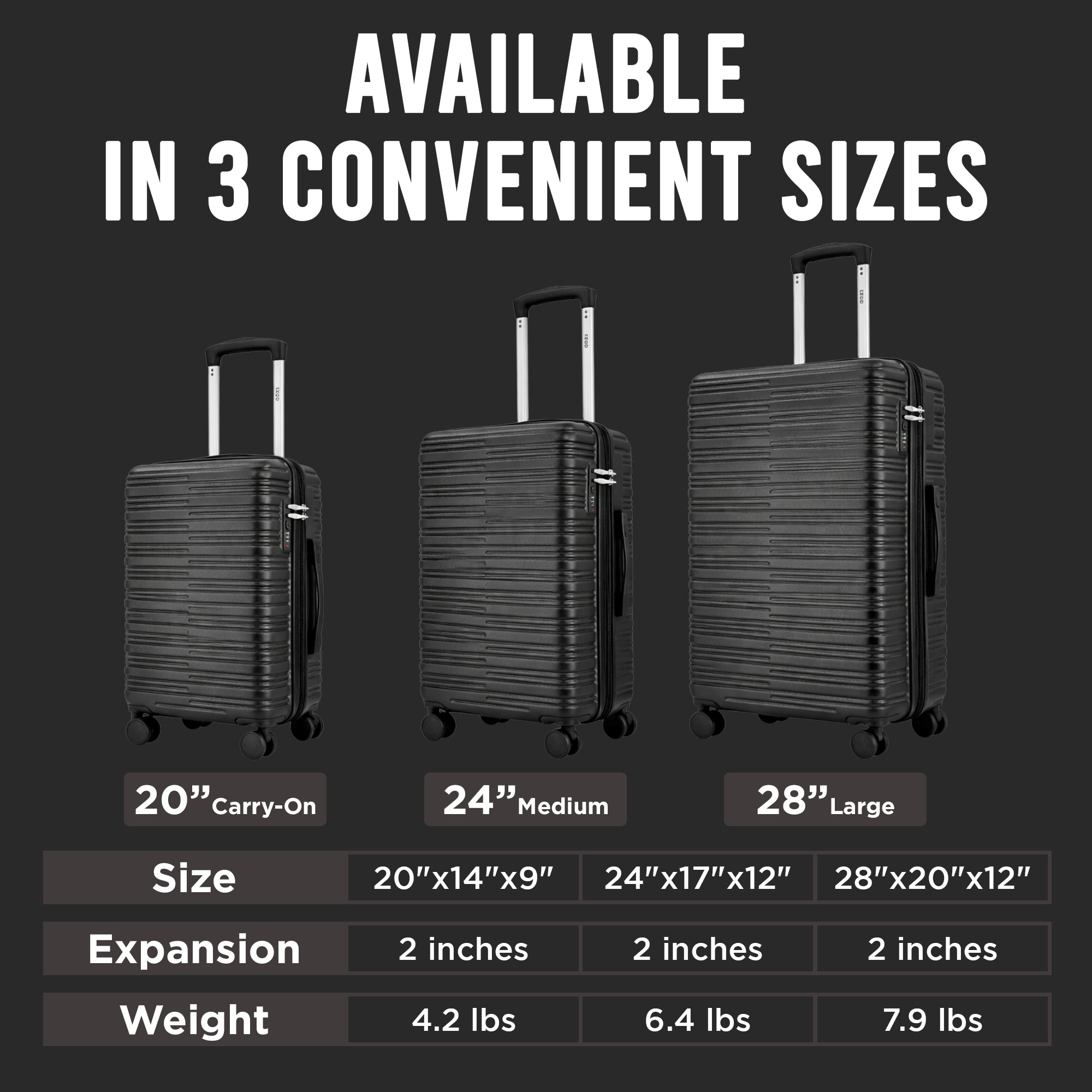 IZOD Romeo Lightweight Expandable ABS 3 Piece Luggage Set - 20", 24", and 28" Sizes with 360° Dual Spinning Wheels and Combo Lock