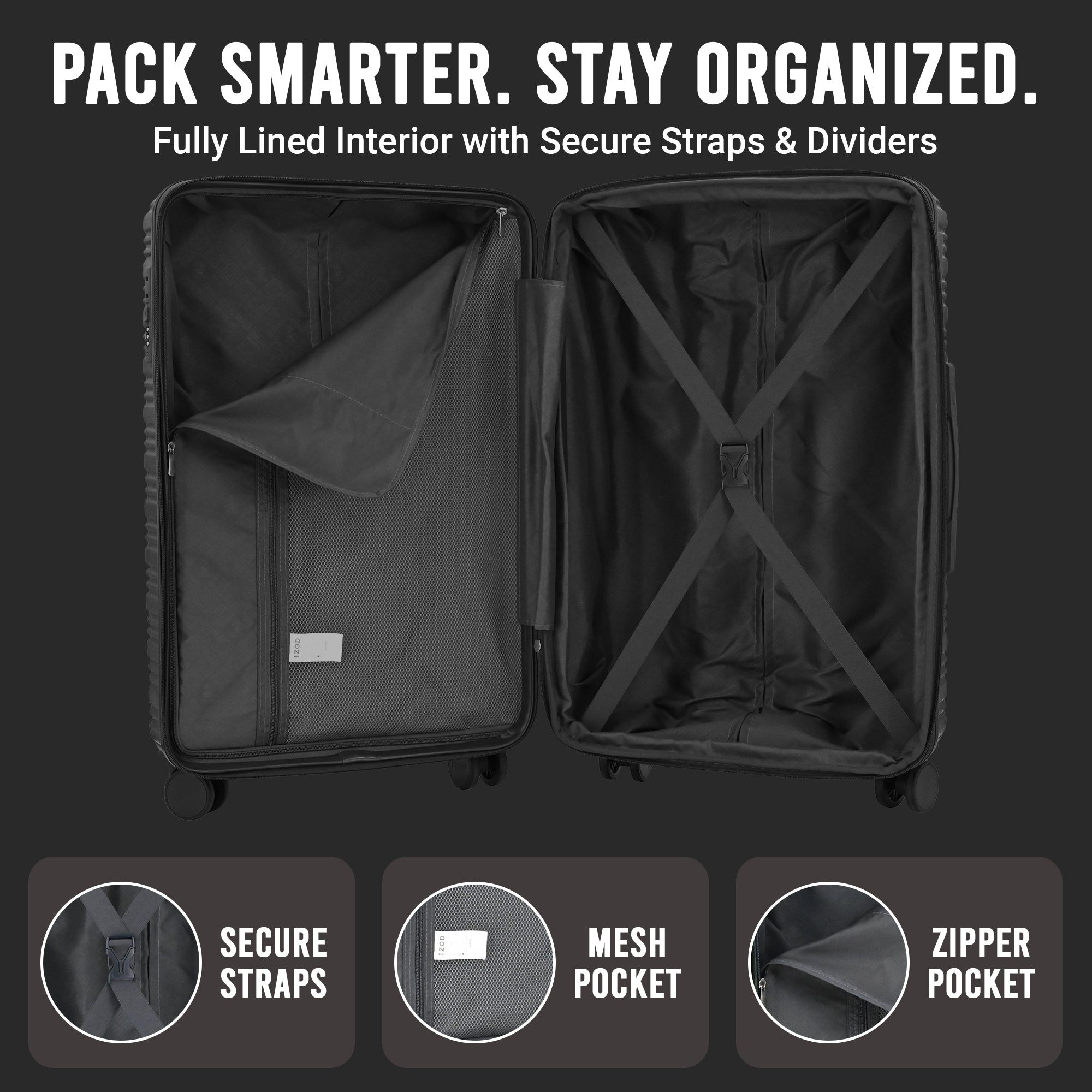 IZOD Romeo Lightweight Expandable ABS 3 Piece Luggage Set - 20", 24", and 28" Sizes with 360° Dual Spinning Wheels and Combo Lock