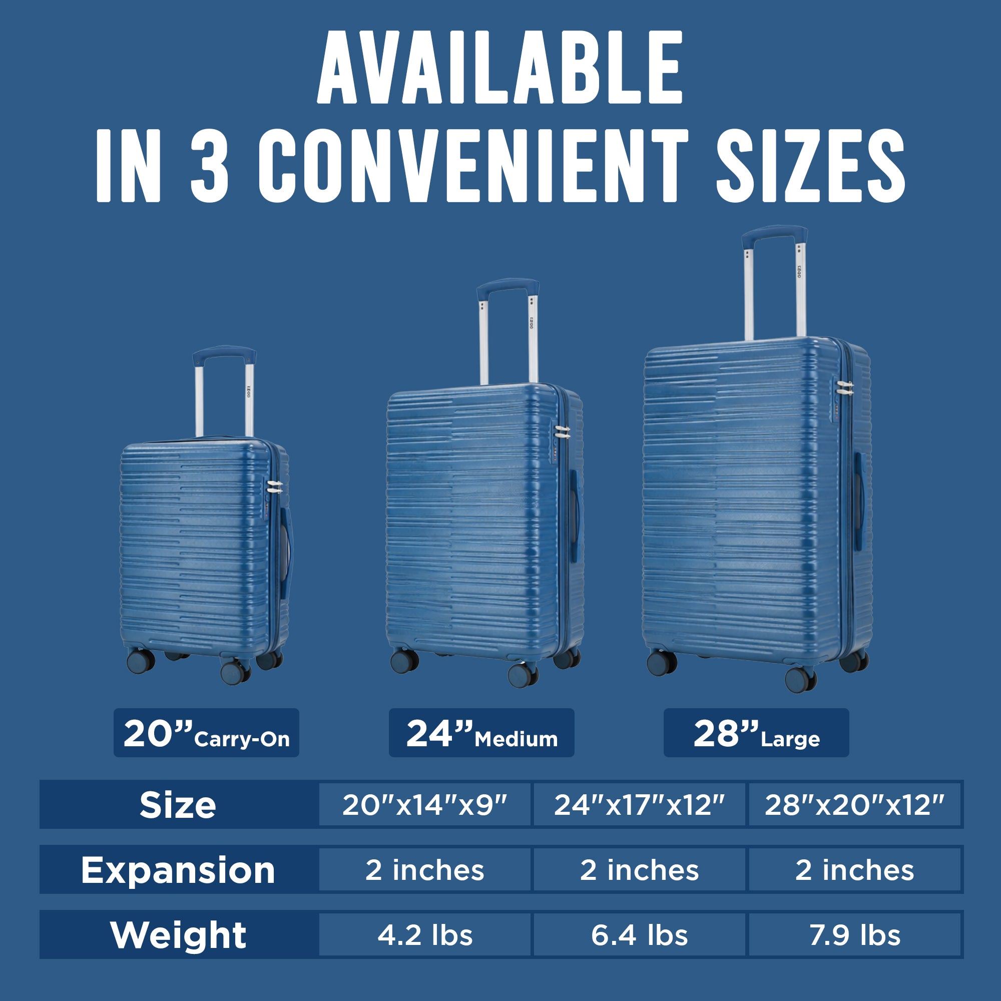 IZOD Romeo Lightweight Expandable ABS 3 Piece Luggage Set - 20", 24", and 28" Sizes with 360° Dual Spinning Wheels and Combo Lock