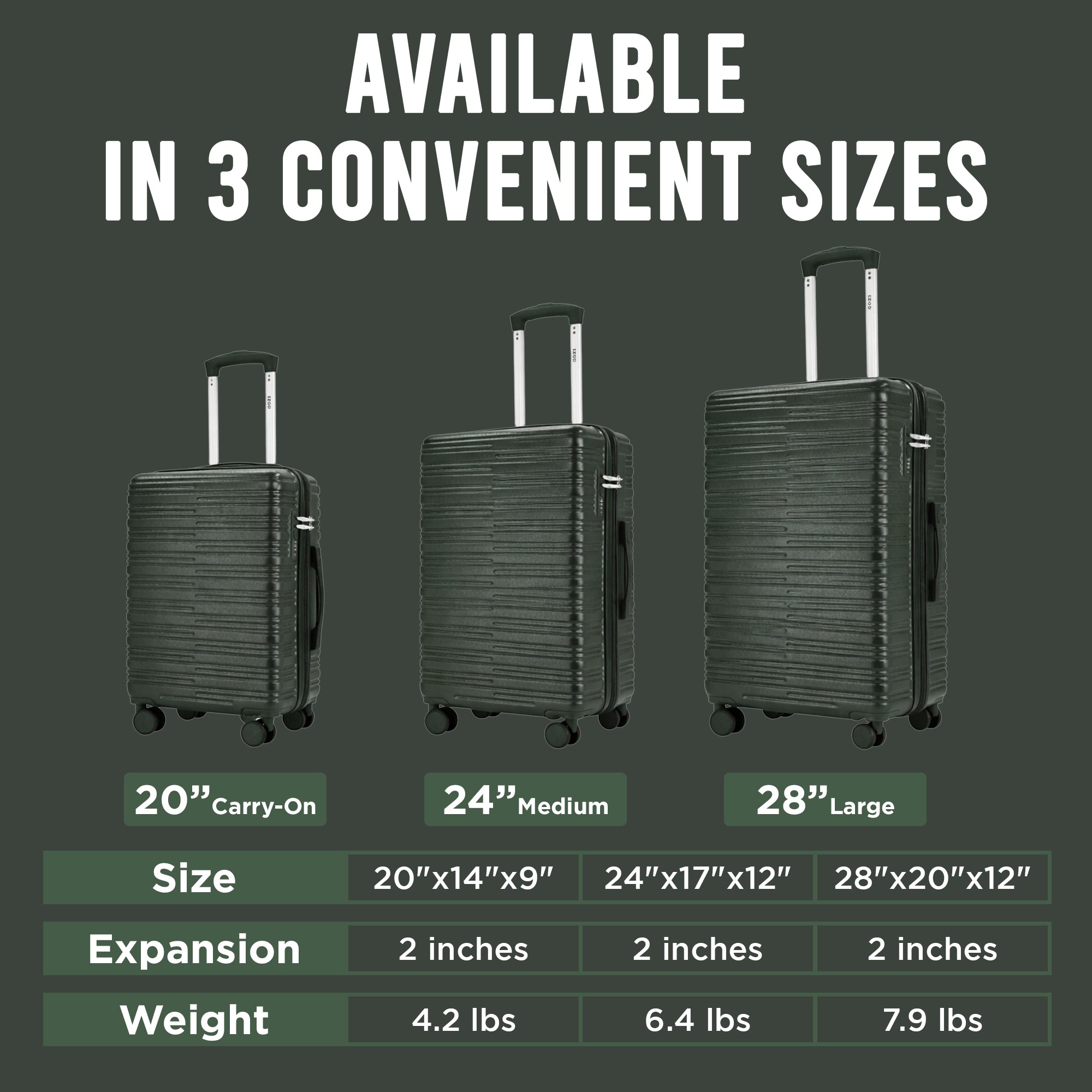 IZOD Romeo Lightweight Expandable ABS 3 Piece Luggage Set - 20", 24", and 28" Sizes with 360° Dual Spinning Wheels and Combo Lock