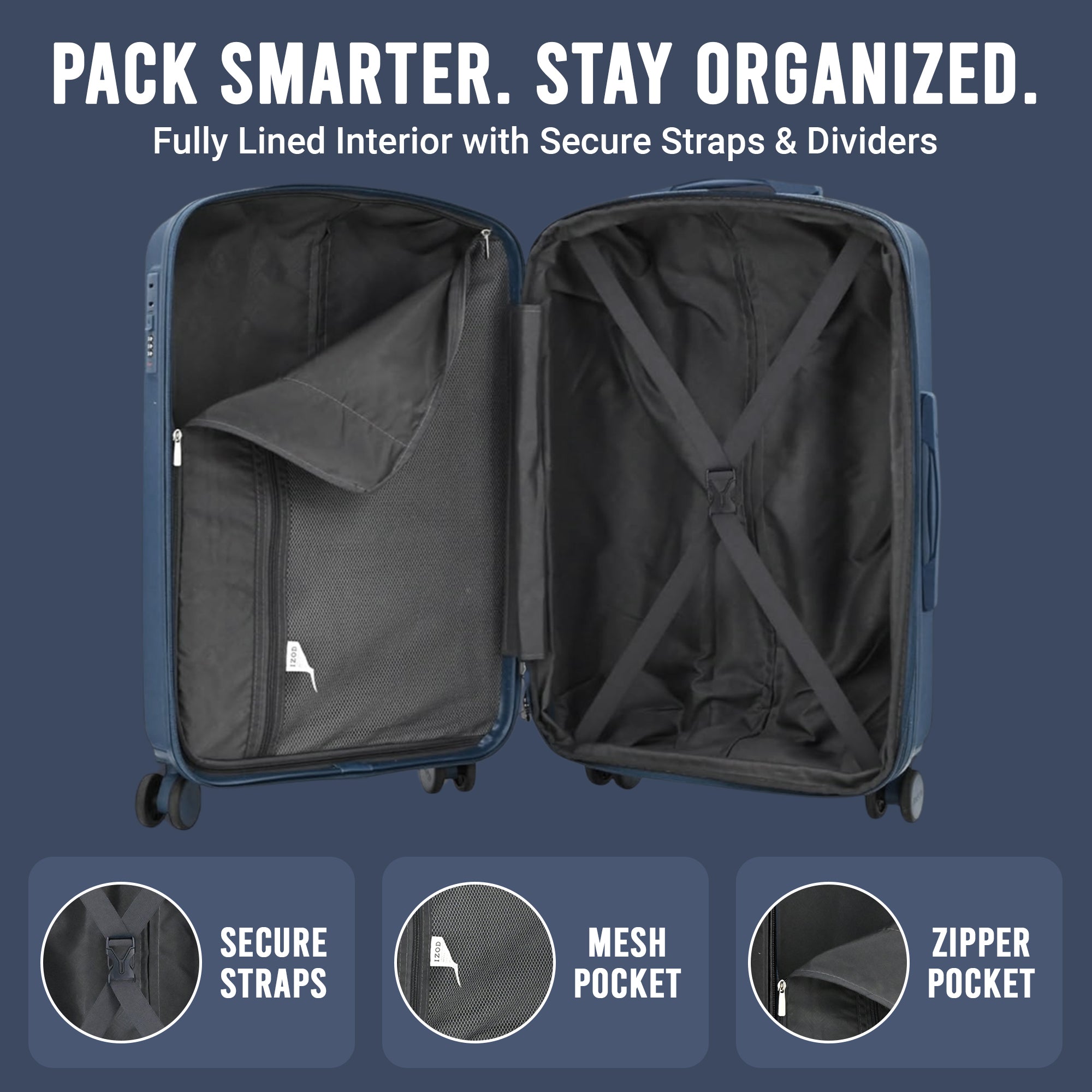 IZOD Mateo Travel 3 Piece Luggage Set - Durable ABS Hard Shell with 360° Wheels and Combo Lock