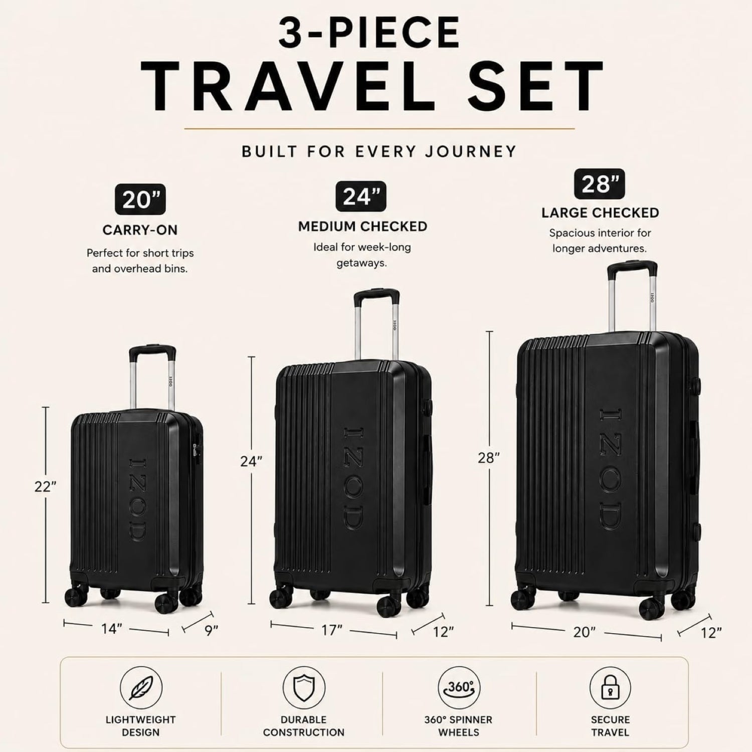 IZOD Zane Expandable ABS Hard shell Lightweight 360 Dual Spinning Wheels Combo Lock 28", 24", 20" 3 Piece Luggage Set