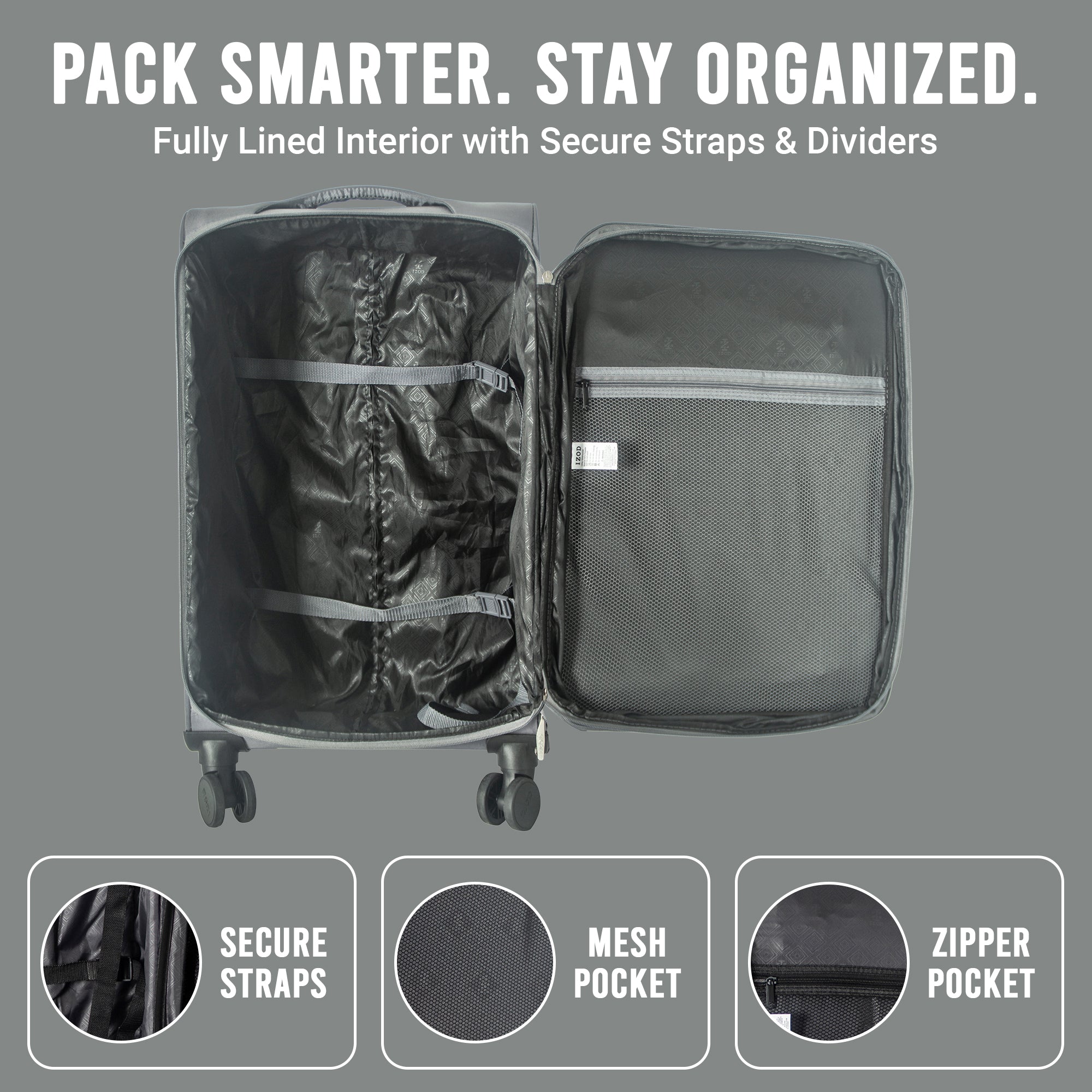 IZOD Ocean Soft Shell Lightweight Expandable 360 Dual Spinning Wheels Combo Lock 28", 24", 20" 3 Piece Luggage Set