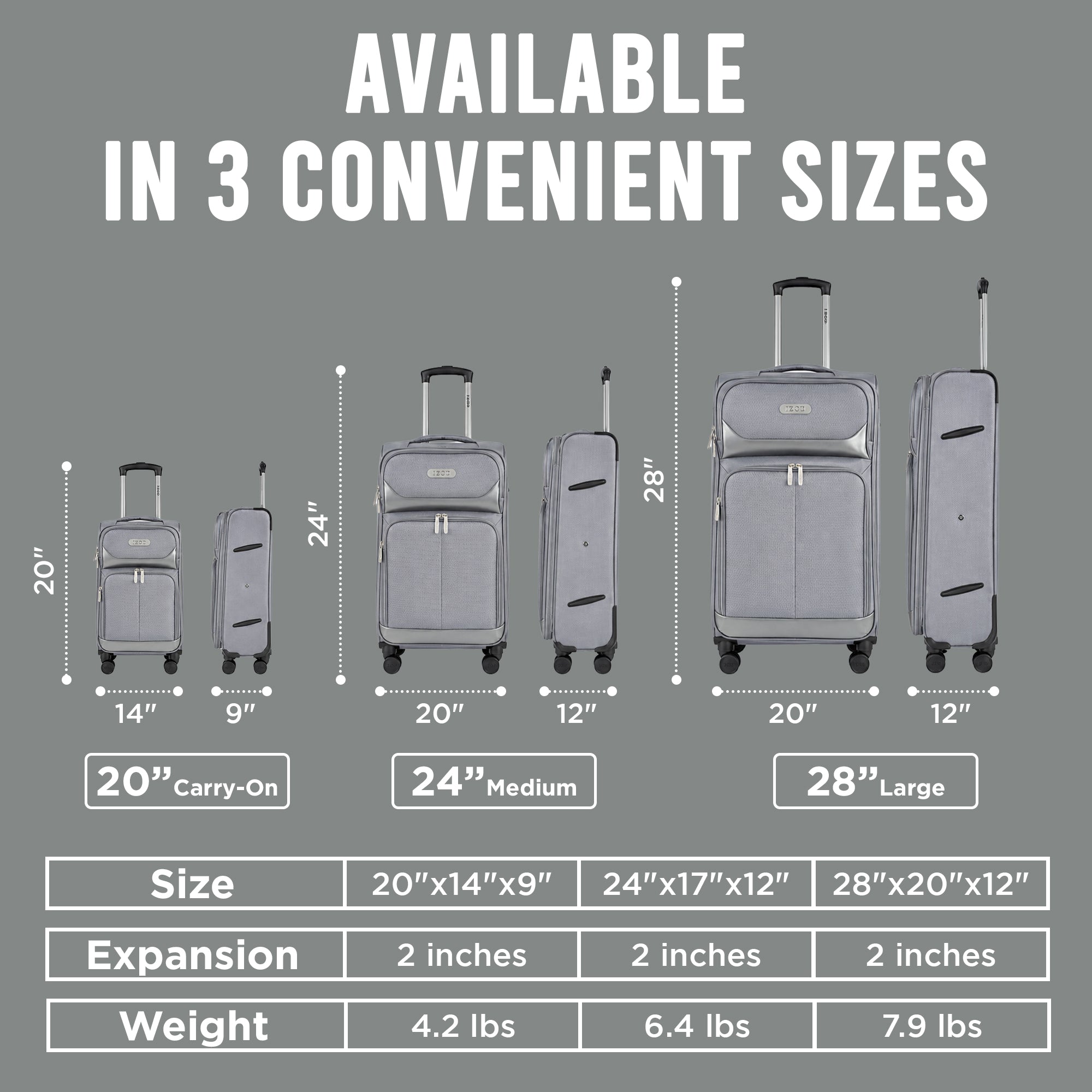 IZOD Ocean Soft Shell Lightweight Expandable 360 Dual Spinning Wheels Combo Lock 28", 24", 20" 3 Piece Luggage Set