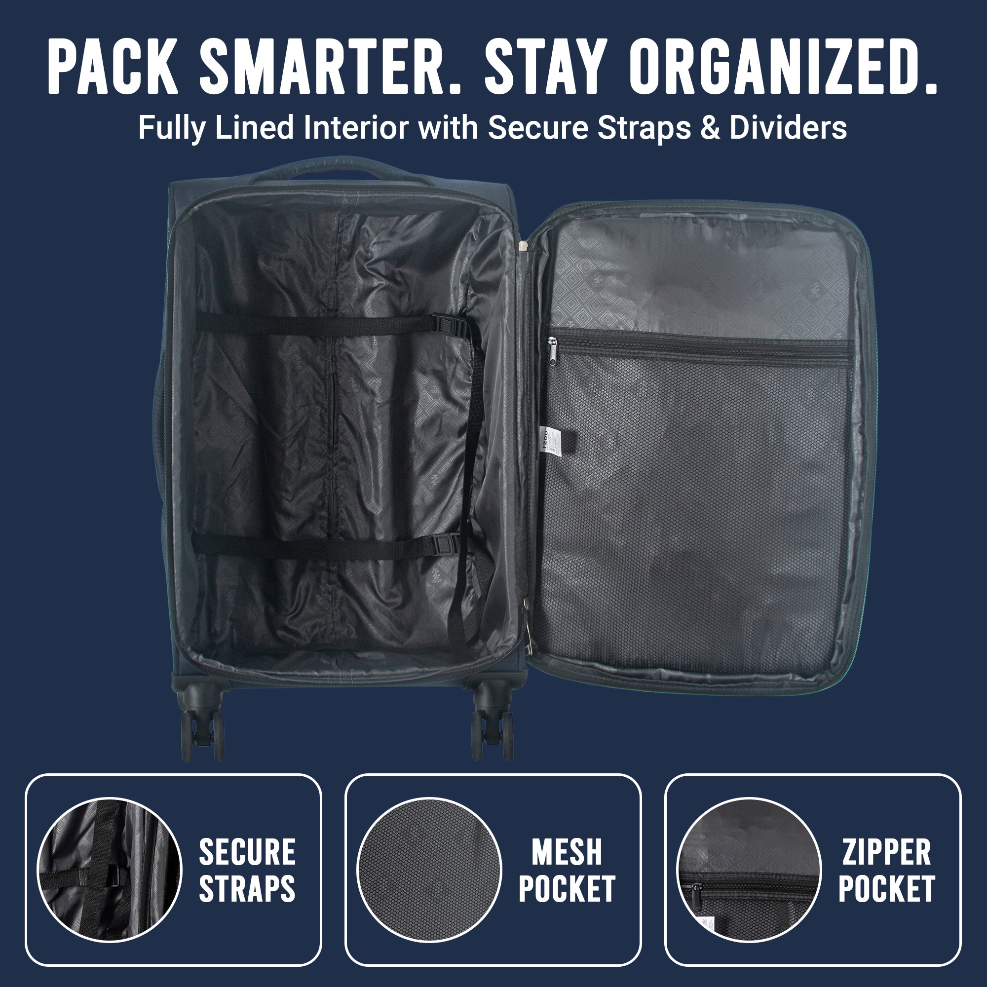 IZOD Ocean Soft Shell Lightweight Expandable 360 Dual Spinning Wheels Combo Lock 28", 24", 20" 3 Piece Luggage Set