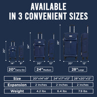 IZOD Ocean Soft Shell Lightweight Expandable 360 Dual Spinning Wheels Combo Lock 28", 24", 20" 3 Piece Luggage Set