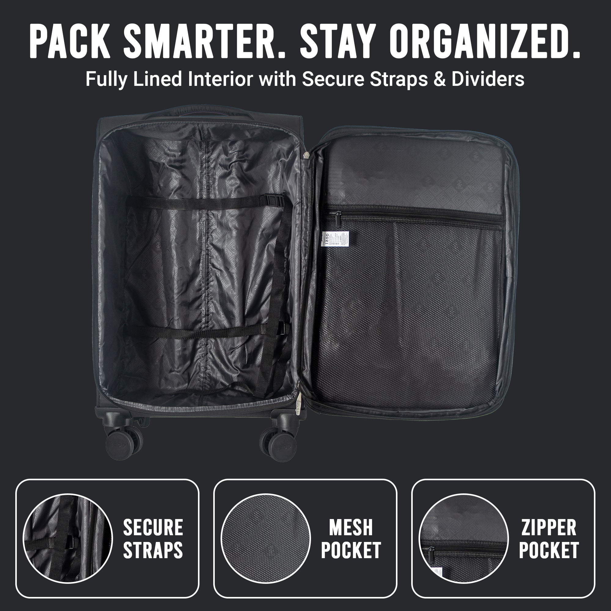 IZOD River Soft Shell Lightweight Expandable 360 Dual Spinning Wheels Combo Lock 28", 24", 20" 3 Piece Luggage Set