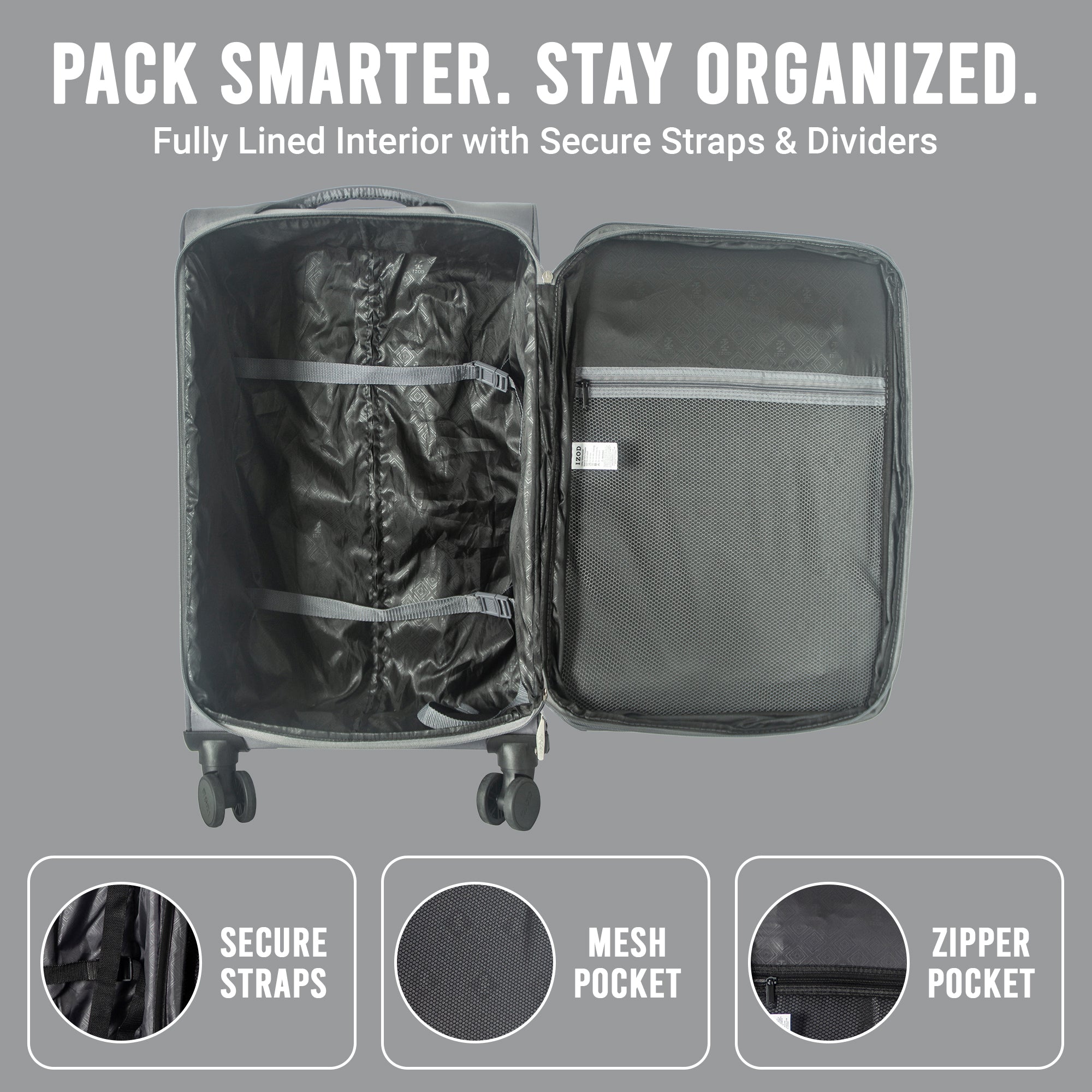 IZOD River Soft Shell Lightweight Expandable 360 Dual Spinning Wheels Combo Lock 28", 24", 20" 3 Piece Luggage Set