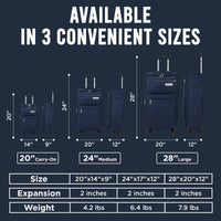 IZOD River Soft Shell Lightweight Expandable 360 Dual Spinning Wheels Combo Lock 28", 24", 20" 3 Piece Luggage Set