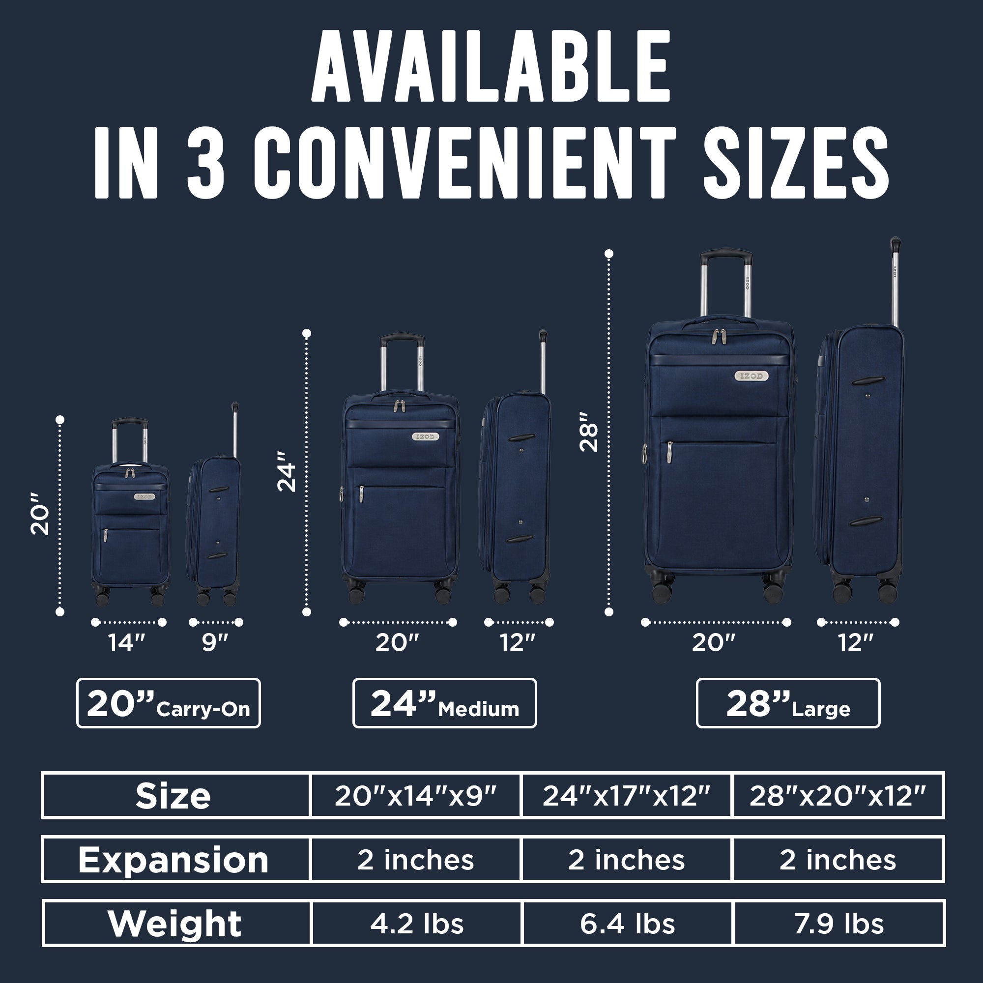 IZOD River Soft Shell Lightweight Expandable 360 Dual Spinning Wheels Combo Lock 28", 24", 20" 3 Piece Luggage Set