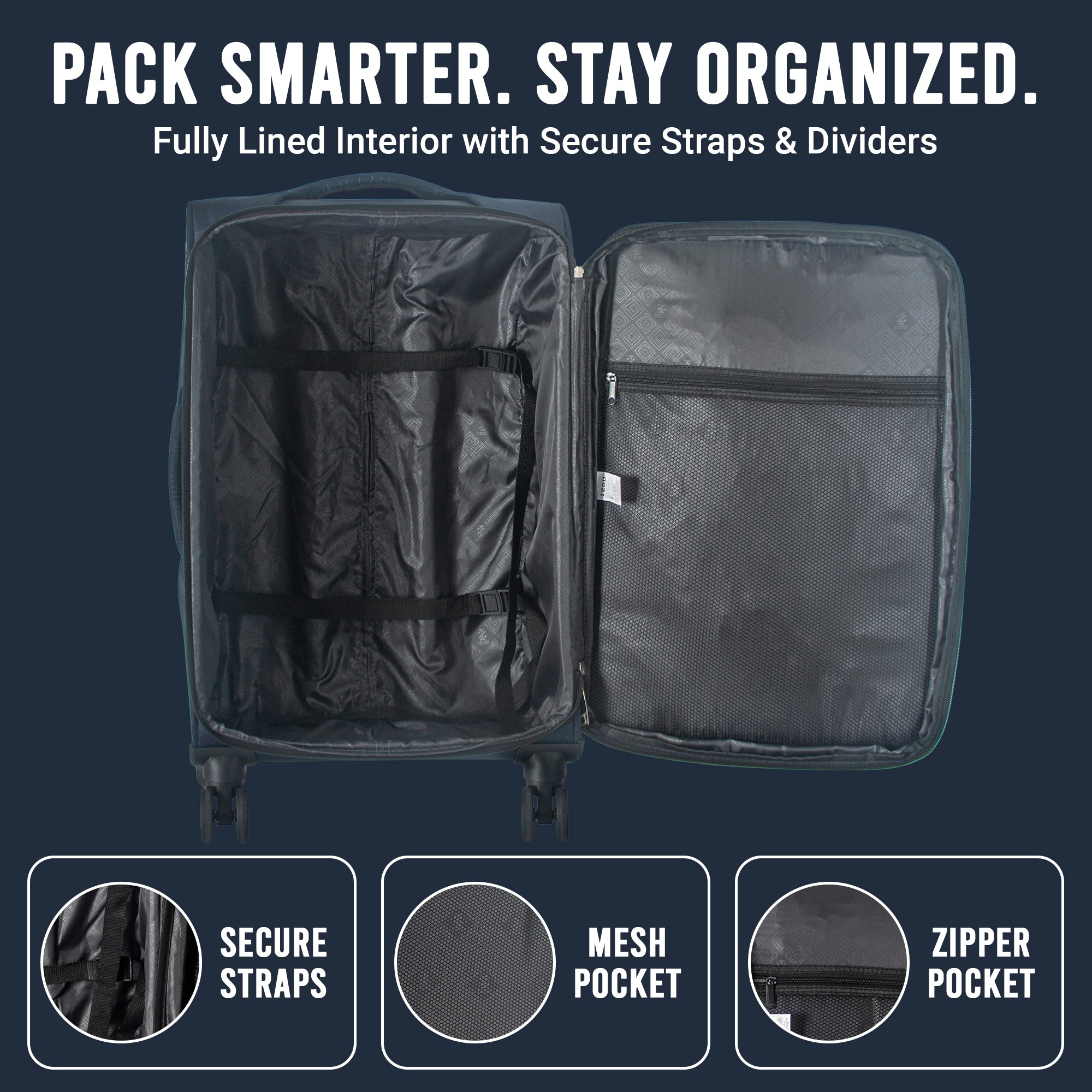 IZOD River Soft Shell Lightweight Expandable 360 Dual Spinning Wheels Combo Lock 28", 24", 20" 3 Piece Luggage Set