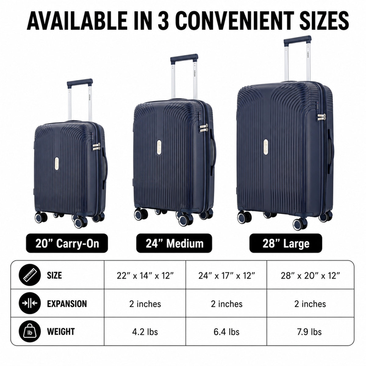 IZOD Sabina Lightweight Polypropylene Hard Shell 3 Piece Luggage Set - 20", 24", and 28" Sizes
