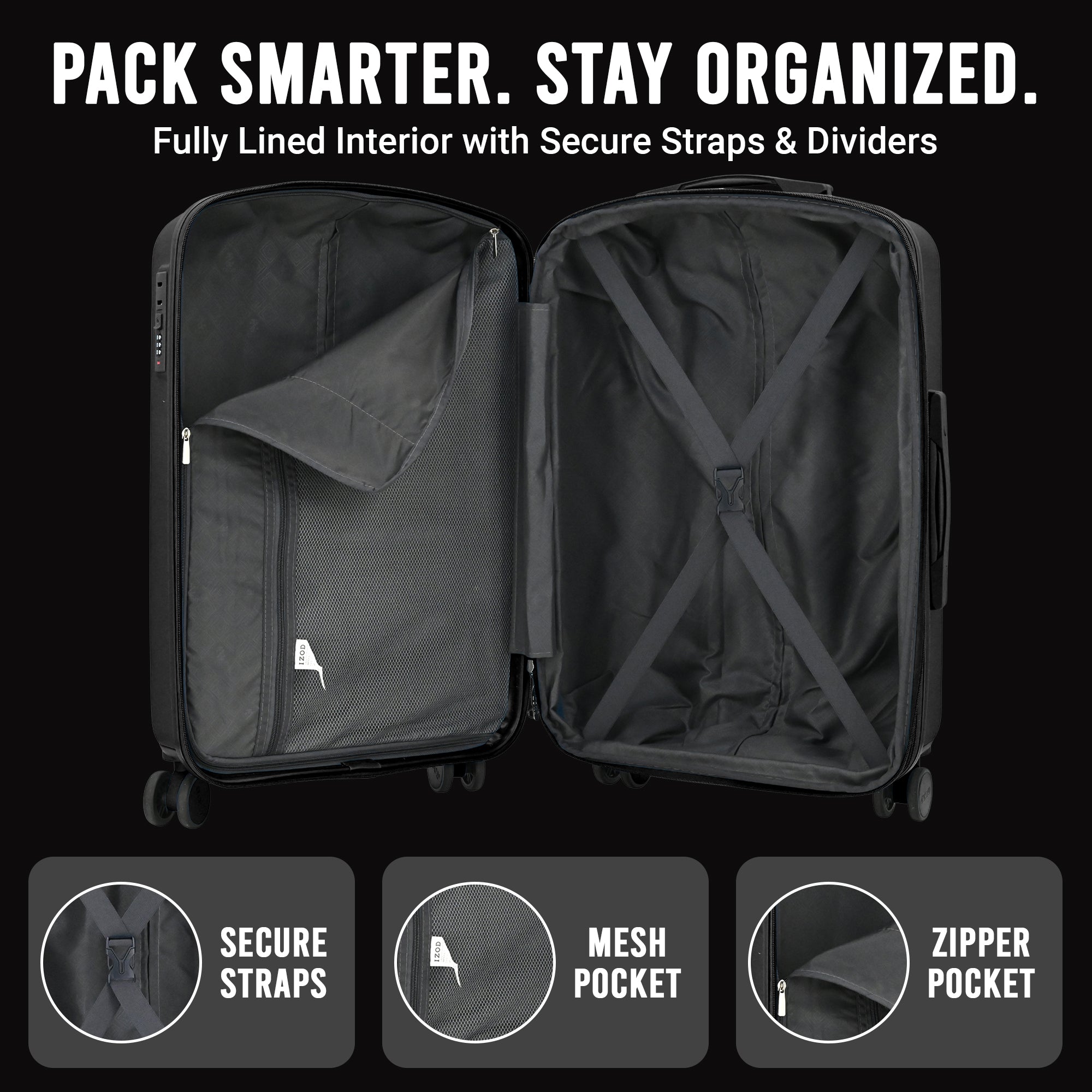IZOD Mateo Travel 3 Piece Luggage Set - Durable ABS Hard Shell with 360° Wheels and Combo Lock