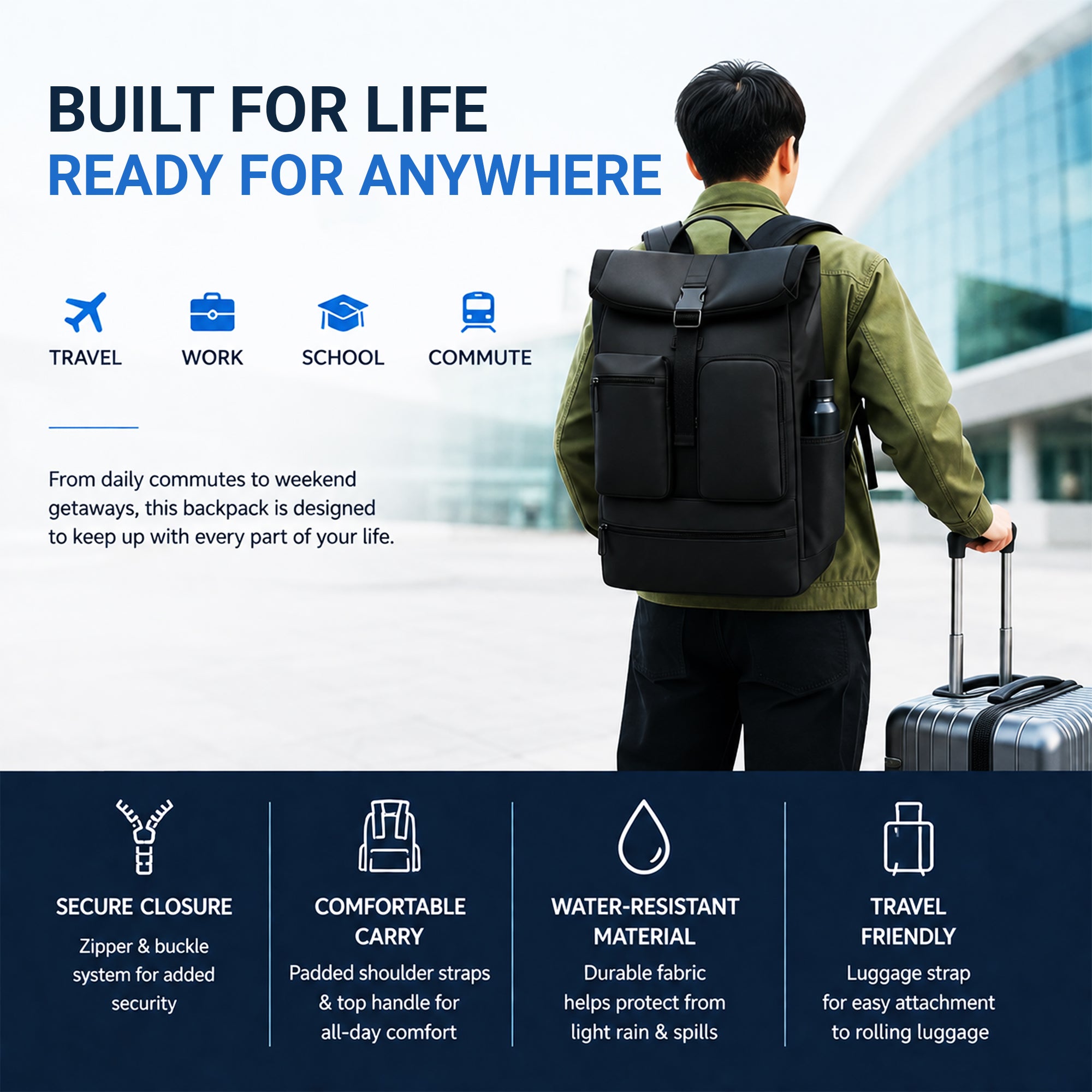 IZOD Milan Modern Roll-Top Travel Carry-On Backpack