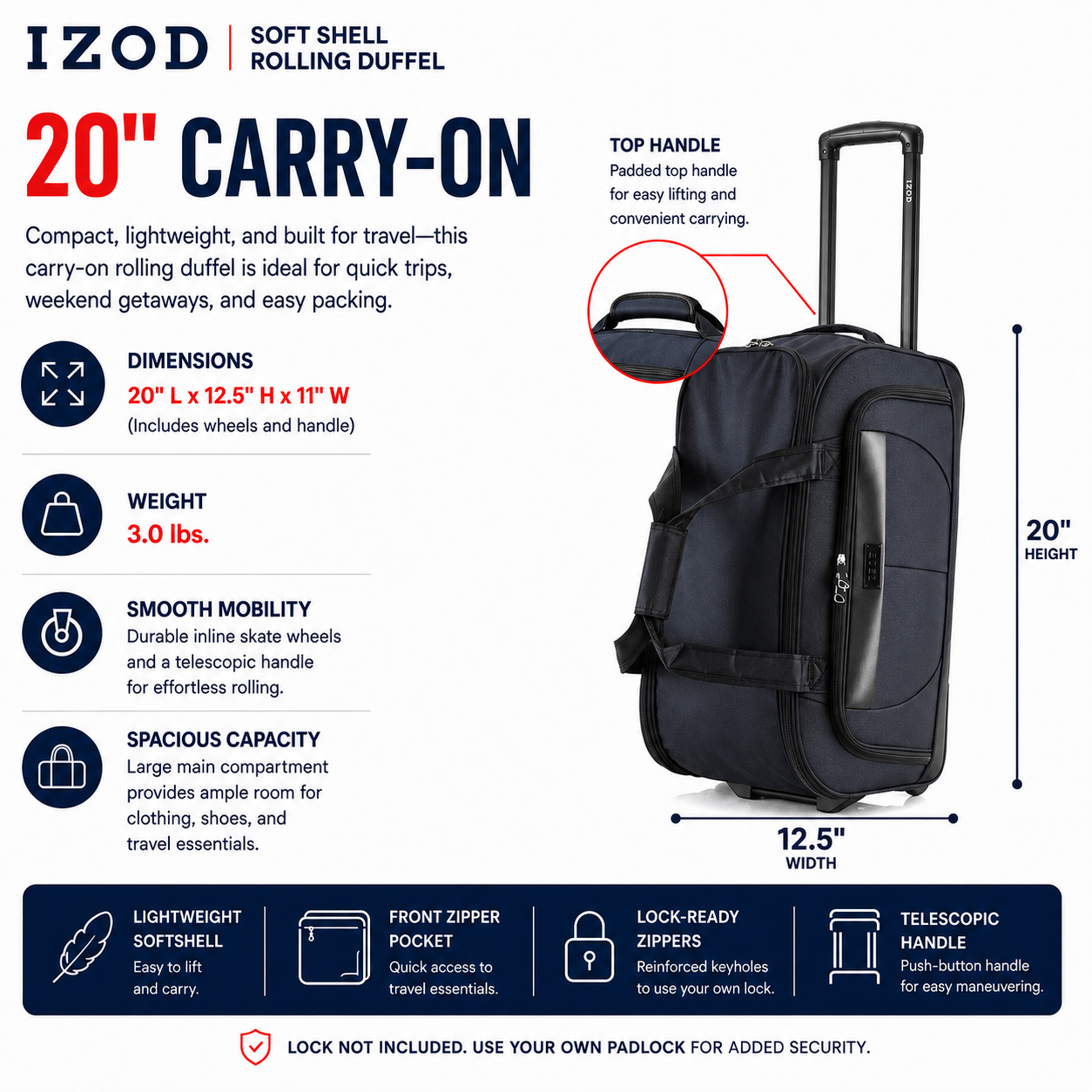 IZOD Carol 20" Lightweight Soft Shell Rolling Duffel Bag with Wheels and Telescopic Handle – Travel-Ready Luggage Duffel