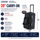 IZOD Carol 20" Lightweight Soft Shell Rolling Duffel Bag with Wheels and Telescopic Handle – Travel-Ready Luggage Duffel
