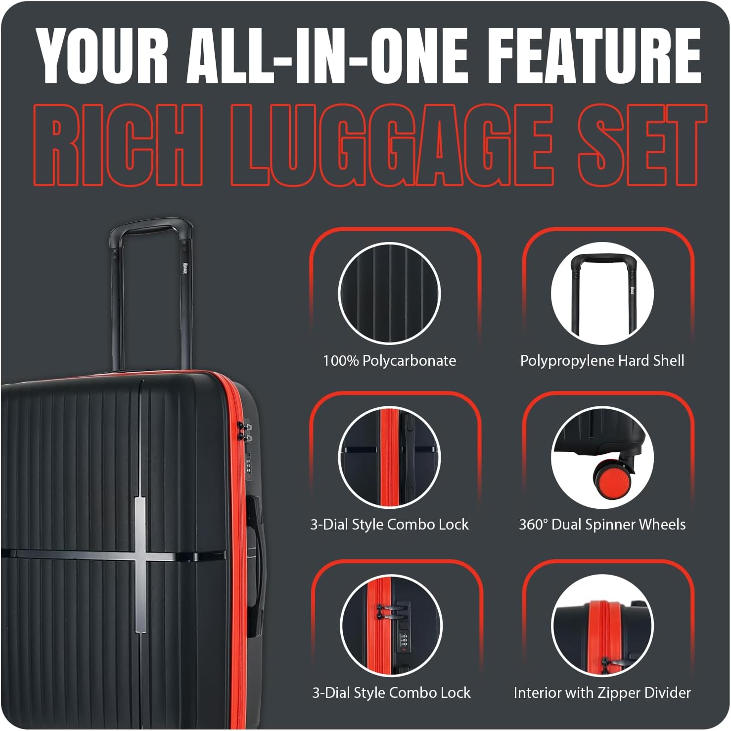 GALA 3-Piece Luggage Set – Polypropylene Hardshell, Lightweight, 360° Dual Spinning Wheels, Combo Lock - 20", 24", 28"