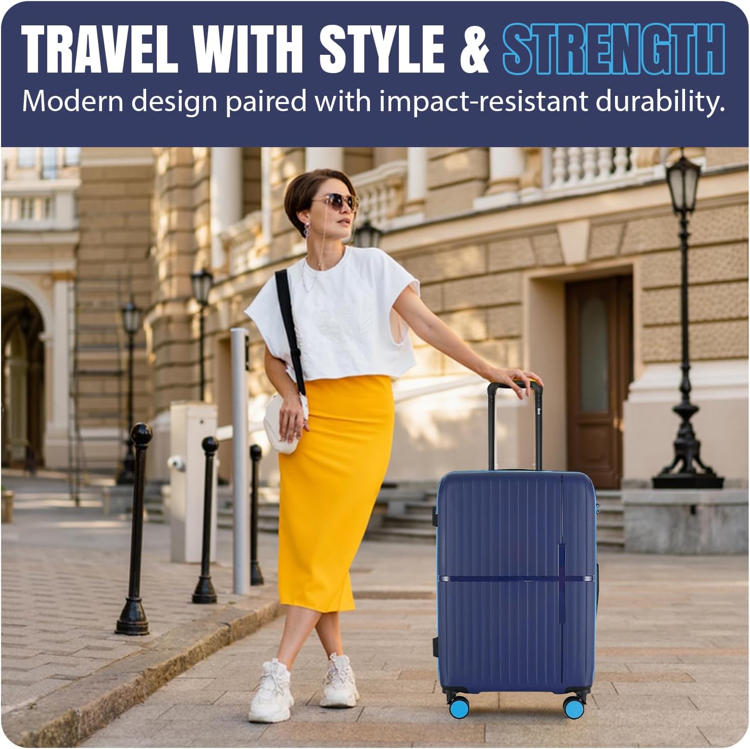 GALA 3-Piece Luggage Set – Polypropylene Hardshell, Lightweight, 360° Dual Spinning Wheels, Combo Lock - 20", 24", 28" - Navy Sky Blue