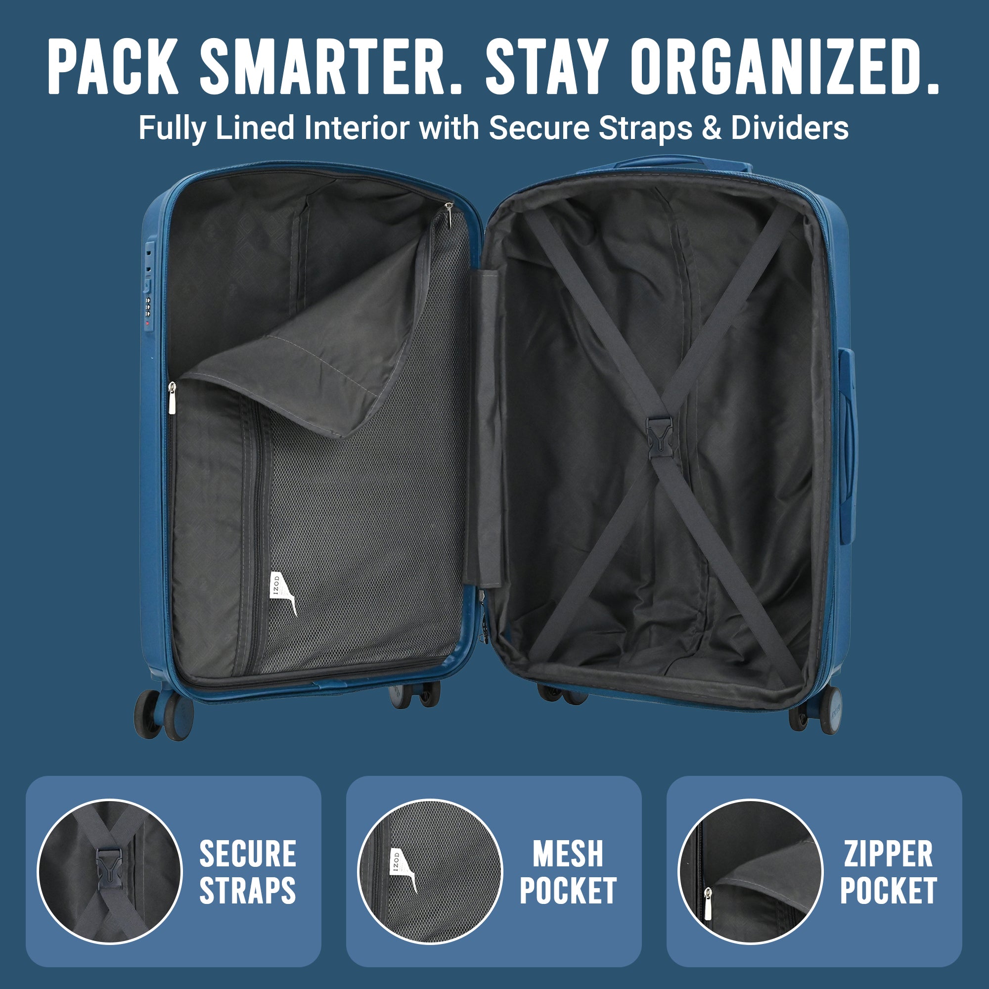 IZOD Mateo Travel 3 Piece Luggage Set - Durable ABS Hard Shell