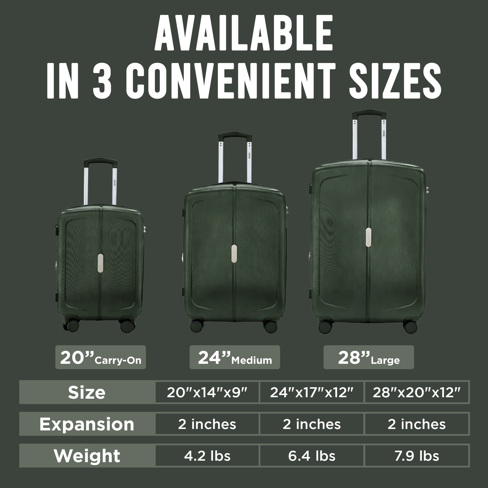 IZOD Mateo Travel 3 Piece Luggage Set - Durable ABS Hard Shell with 360° Wheels and Combo Lock