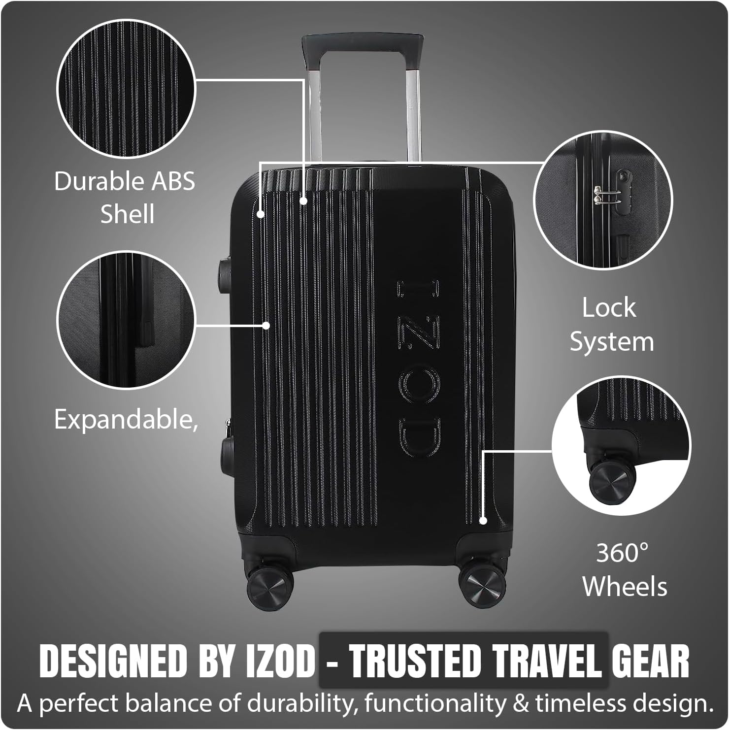 IZOD Zane Expandable ABS Hard shell Lightweight 360 Dual Spinning Wheels Combo Lock 28", 24", 20" 3 Piece Luggage Set