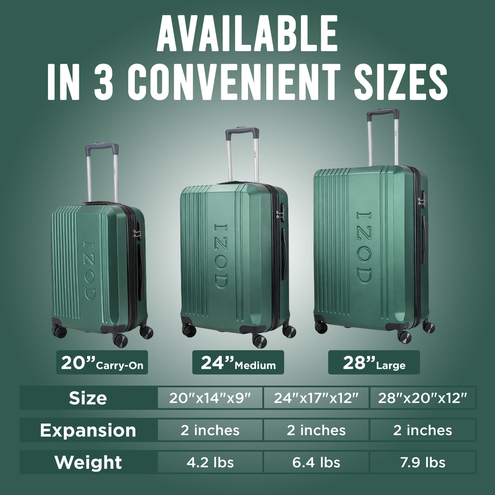 IZOD Zane Expandable ABS Hard shell Lightweight 360 Dual Spinning Wheels Combo Lock 28", 24", 20" 3 Piece Luggage Set