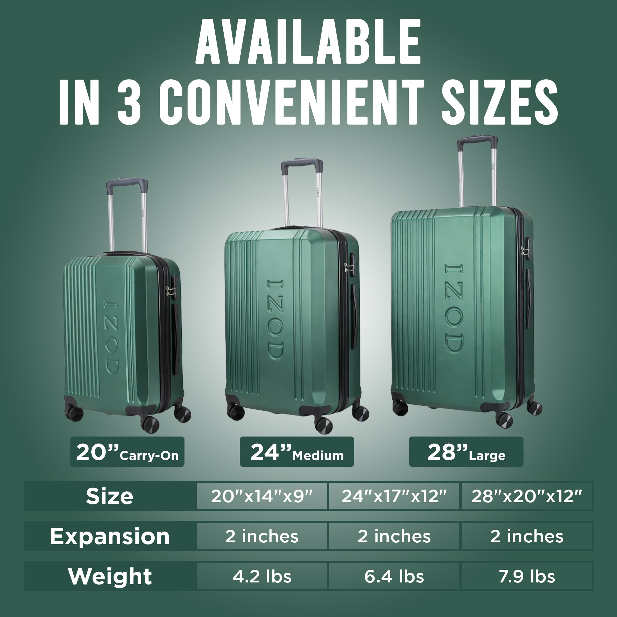 IZOD Zane Expandable ABS Hard shell Lightweight 360 Dual Spinning Wheels Combo Lock 28", 24", 20" 3 Piece Luggage Set