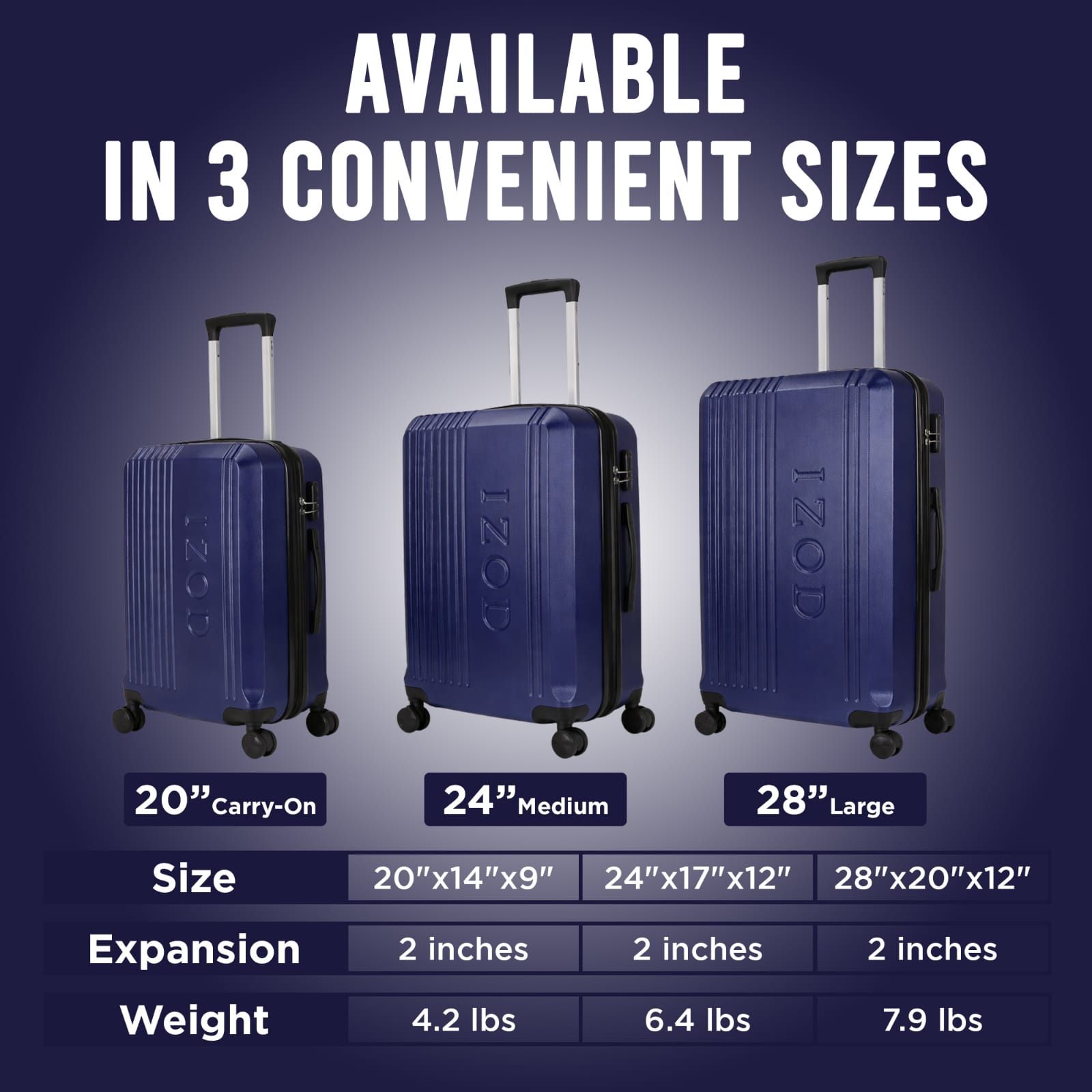 IZOD Zane Expandable ABS Hard shell Lightweight 360 Dual Spinning Wheels Combo Lock 28", 24", 20" 3 Piece Luggage Set