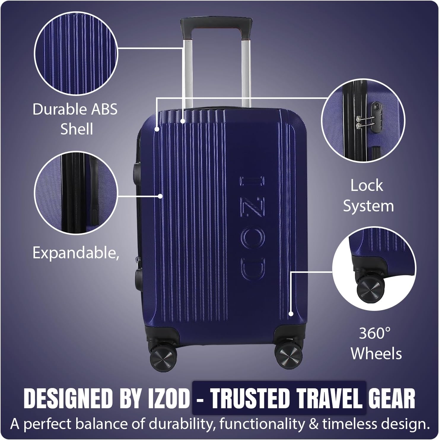 IZOD Zane Expandable ABS Hard shell Lightweight 360 Dual Spinning Wheels Combo Lock 28", 24", 20" 3 Piece Luggage Set
