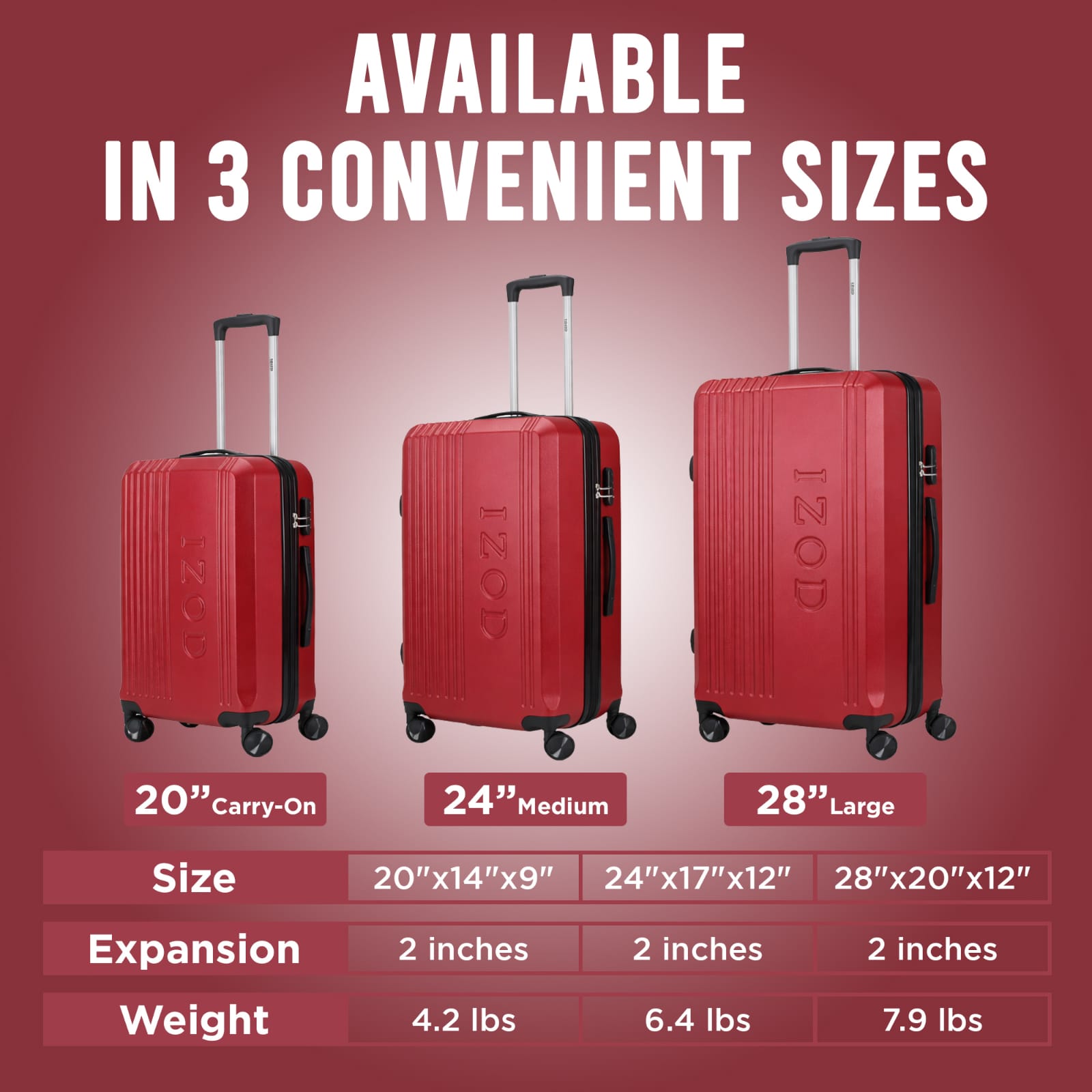 IZOD Zane Expandable ABS Hard shell Lightweight 360 Dual Spinning Wheels Combo Lock 28", 24", 20" 3 Piece Luggage Set