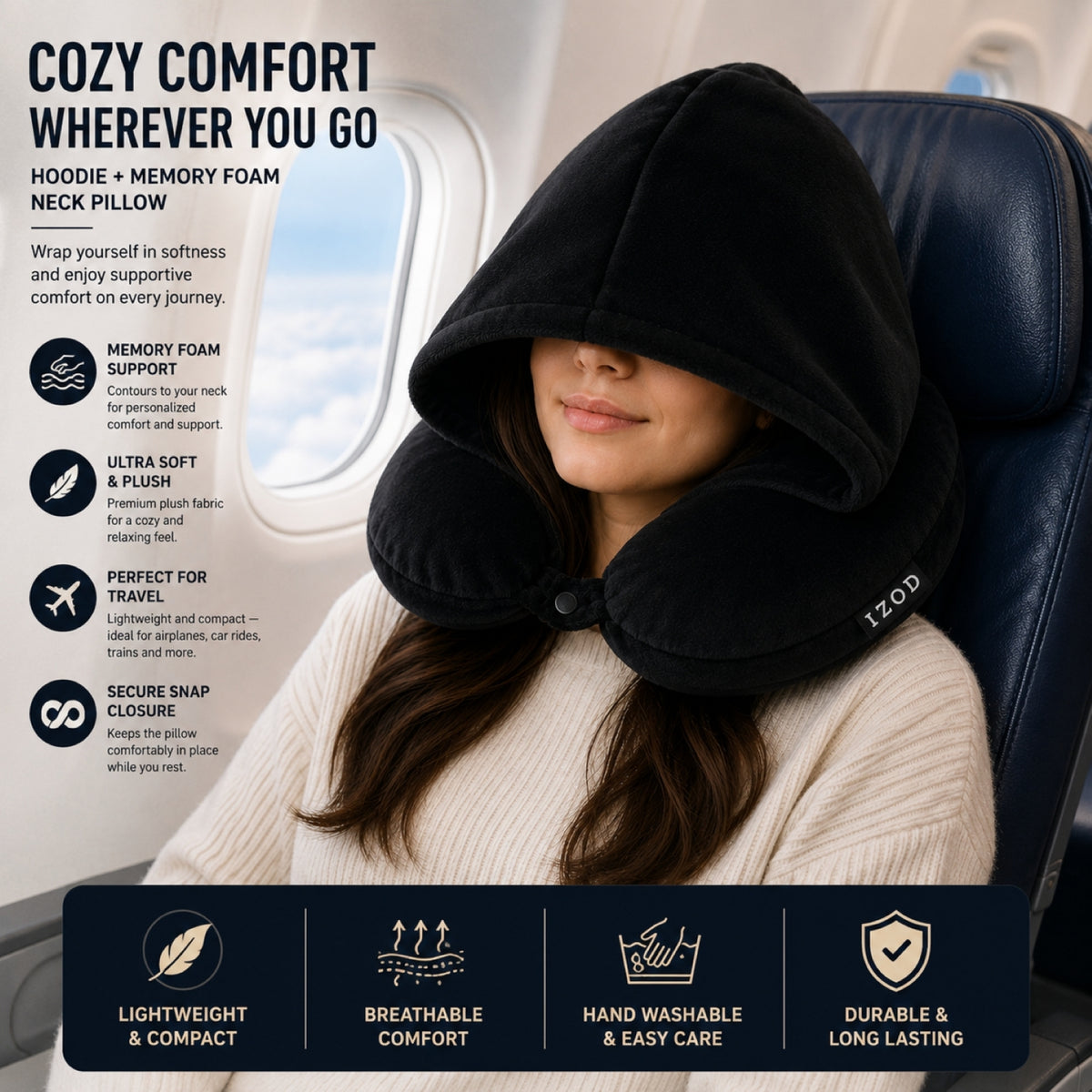 IZOD Twinkle Memory Foam Travel Neck Pillow with Hoodie