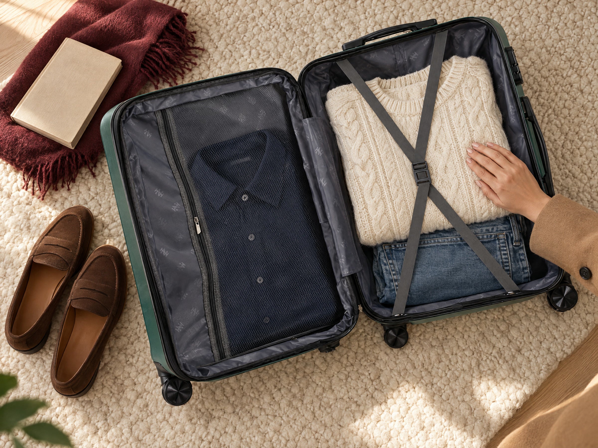 An open green IZOD Zane suitcase packed for a weekend, with a traveler arranging a sweater