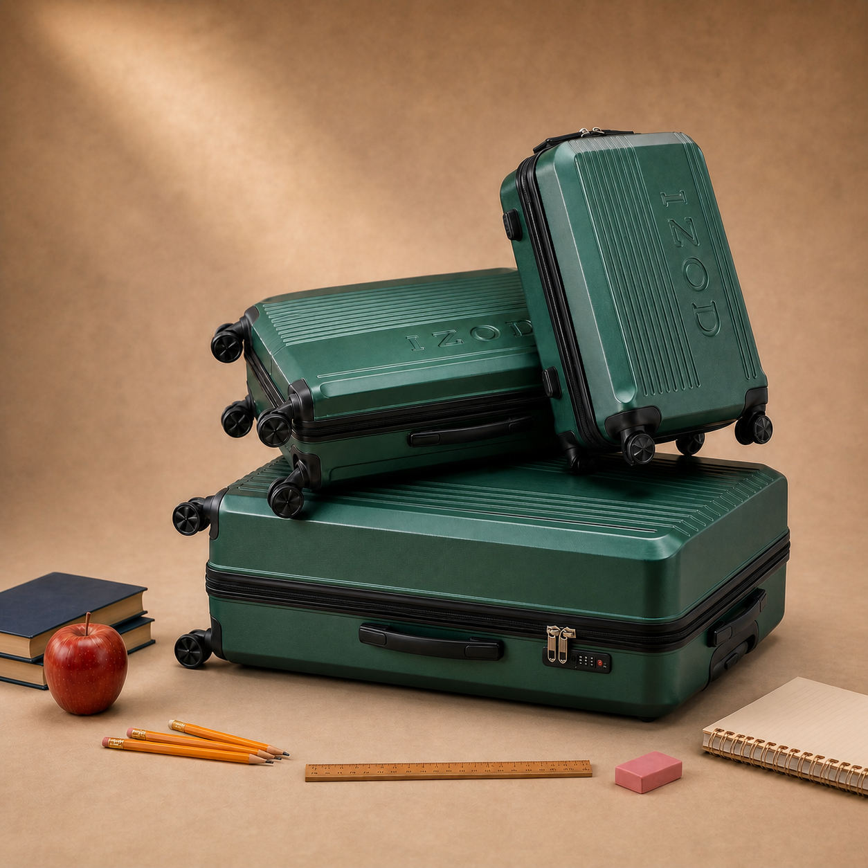 Three green IZOD Zane spinner luggage pieces stacked with school supplies