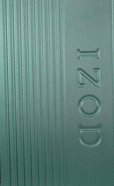 Close view of the green Zane luggage shell and IZOD logo